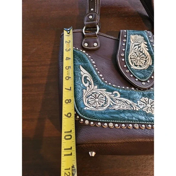 Montana West Buckle Shoulder Tote Purse Concealed Carry Rhinestones Brown Green - Picture 11 of 12